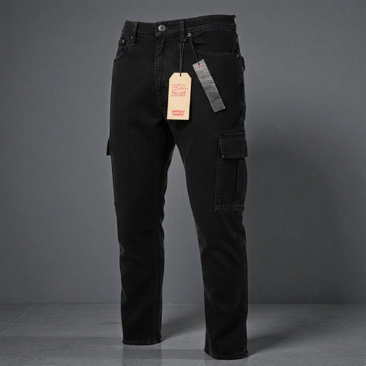 Men's Black Straight Fit Cargo Jeans - Stretchable & Comfortable