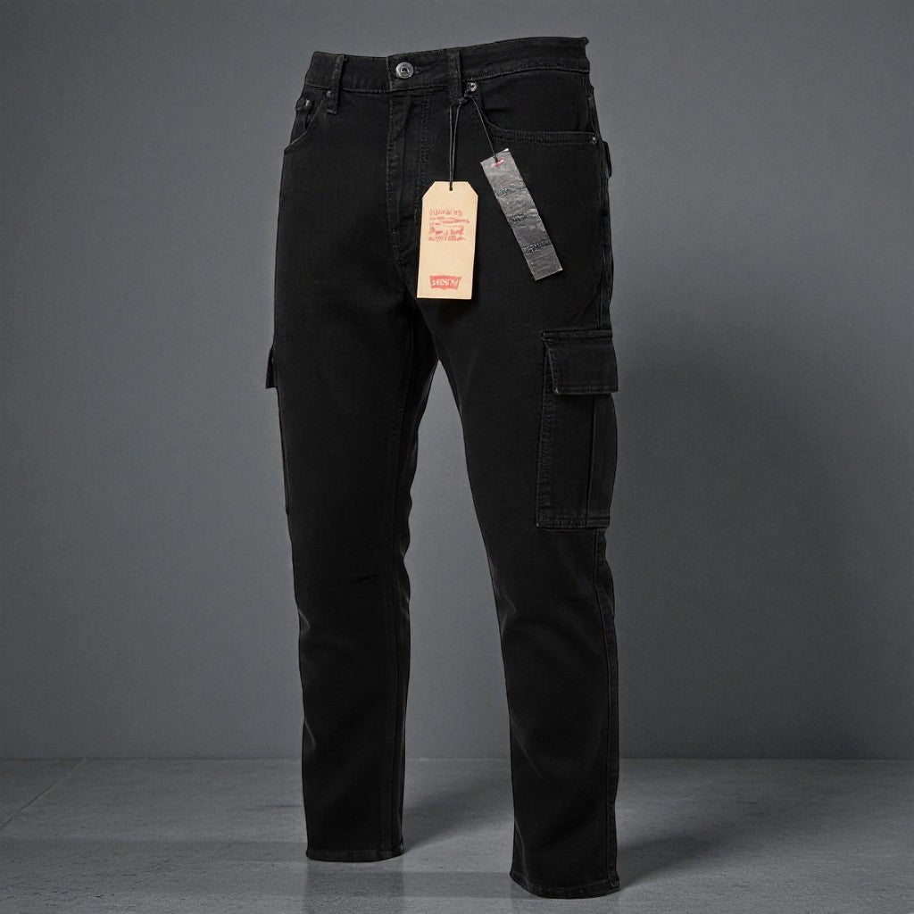 Men's Black Straight Fit Cargo Jeans - Stretchable & Comfortable