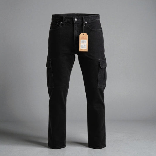 Men's Black Straight Fit Cargo Jeans - Stretchable & Comfortable