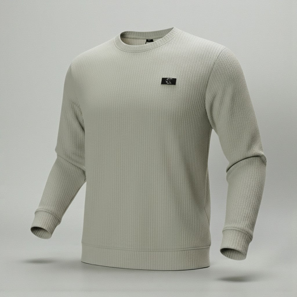 Men's Light Grey Ribbed Crewneck Sweatshirt - Premium China Fabric